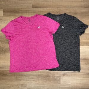 Under Armour Loose Coupe Women Active Short Sleeve Shirts Lot 2 Pink Grey